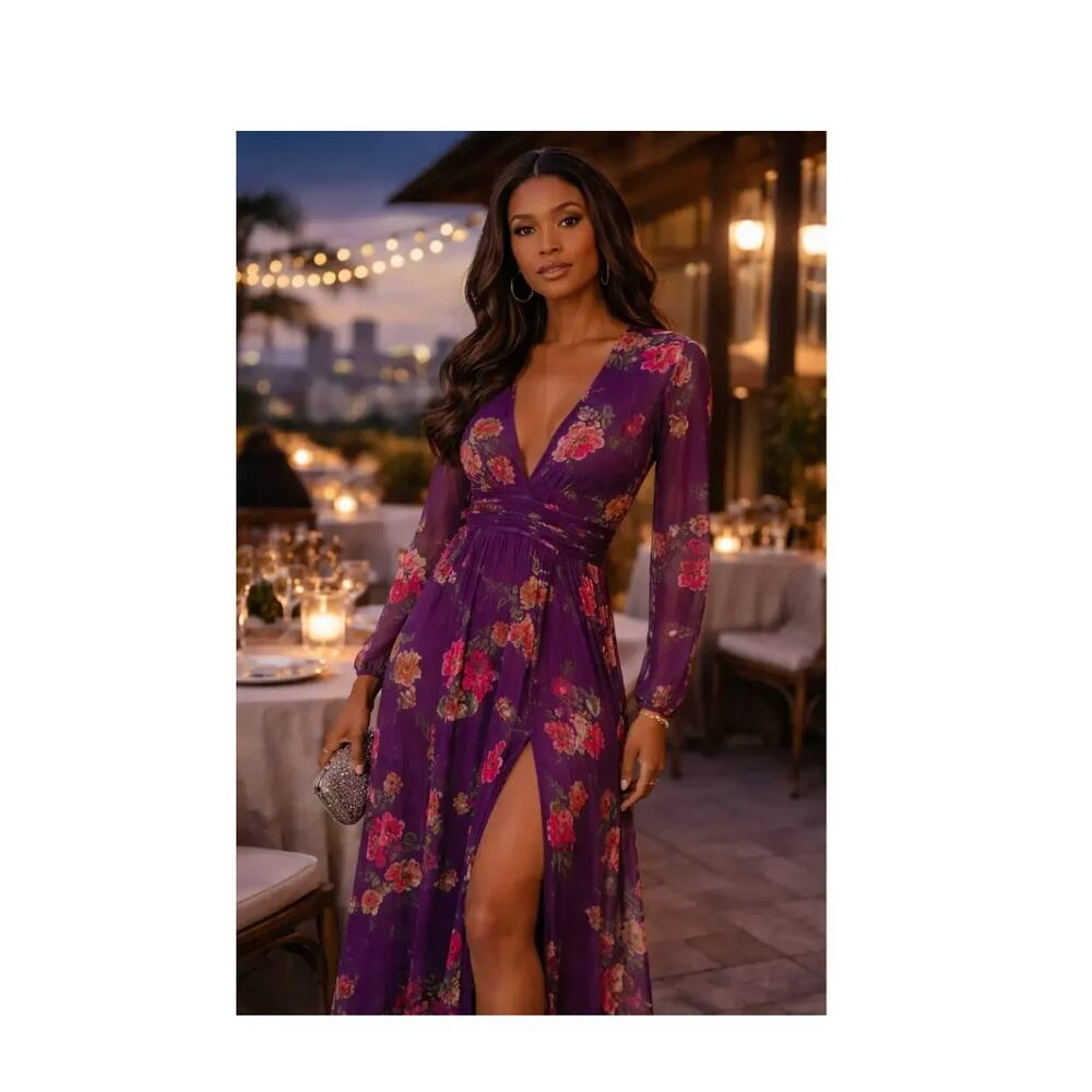 New with Tags Mac Duggal 68558 Purple Floral Chiffon Plunge Slit Gown Size 4 - Picture 2 of 16